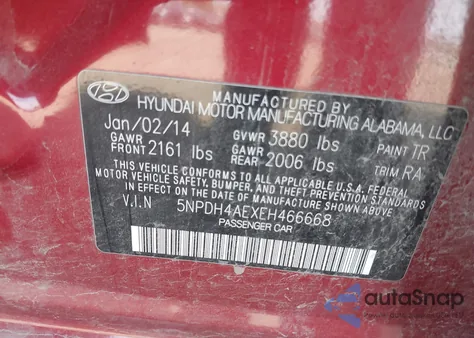 2014 Hyundai Elantra Se from USA, damaged, VIN 5NPDH4AEXEH466668